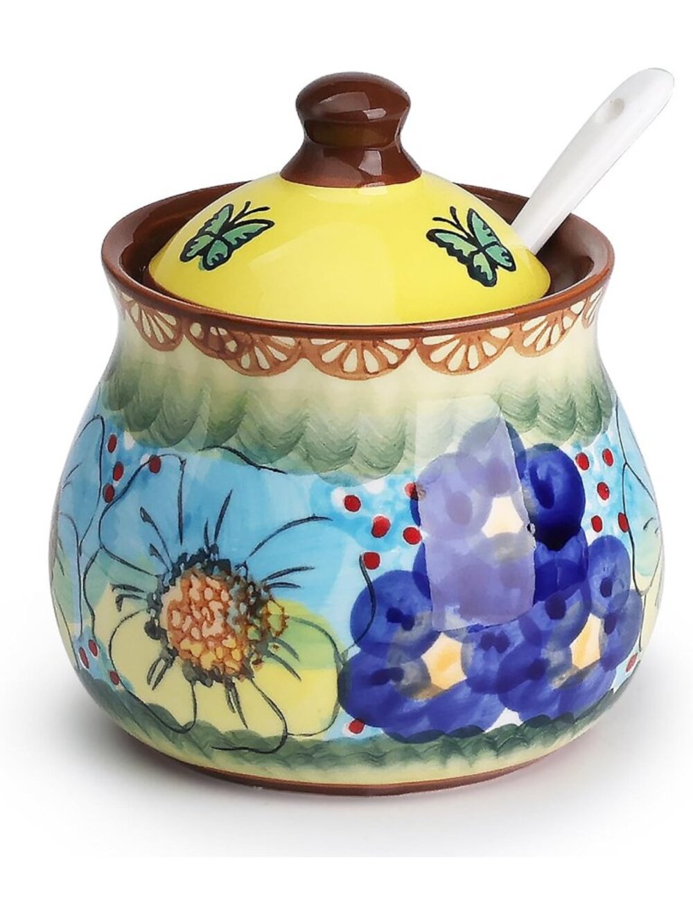 Handmade Ceramic Sugar Bowl with Lid & Spoon, 9oz, Hand-Painted Kitchen Decor